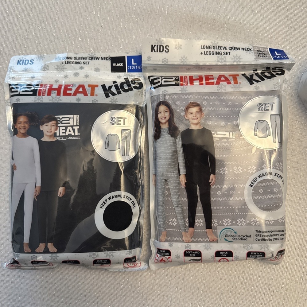 32 Degrees Heat Kids 2 Pack Long Sleeve Crew Neck Legging Set Black Gray L 12/14
